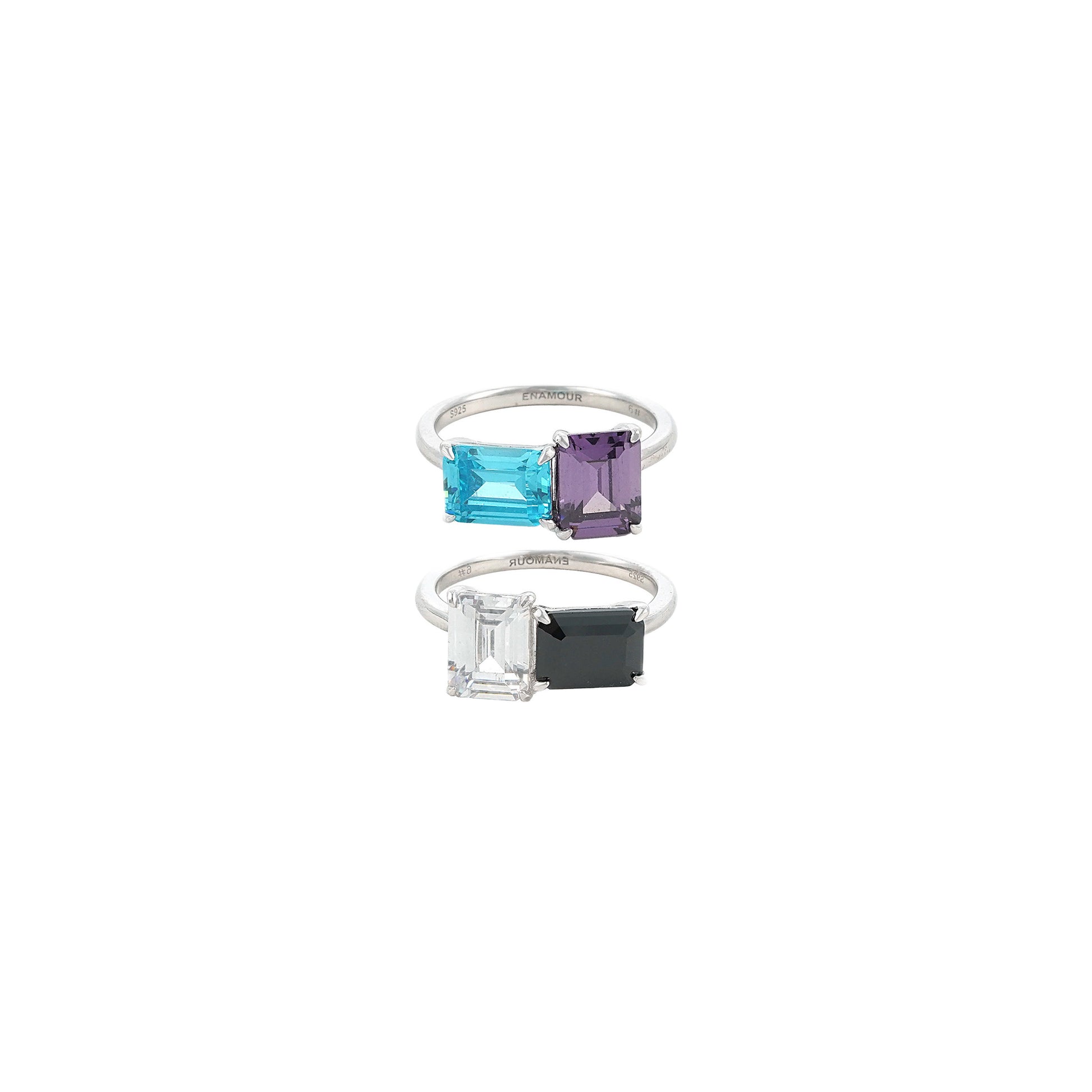 Color Field Emerald Cut Toi et Moi Stacking Ring Set