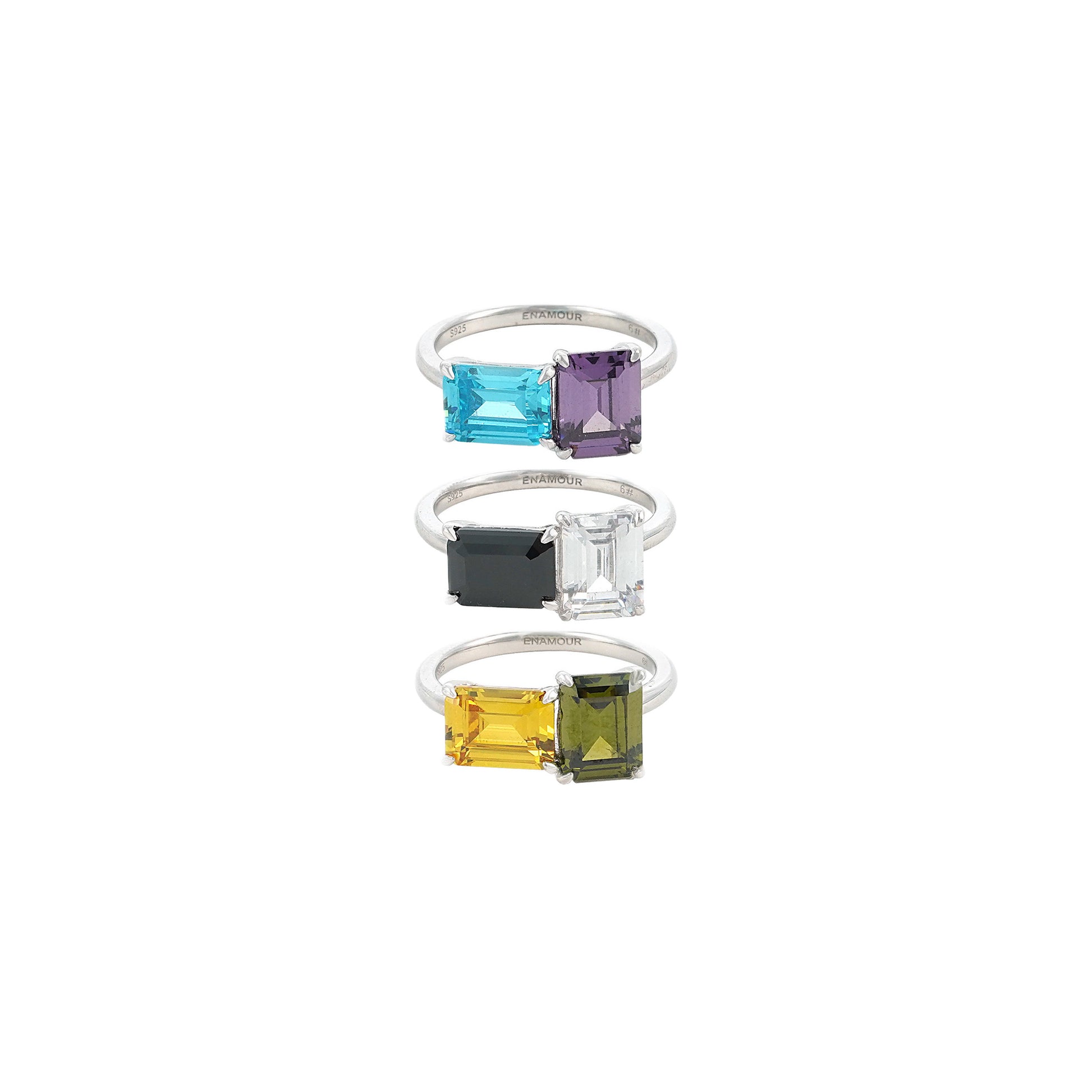 Color Field Emerald Cut Toi et Moi Stacking Ring Set