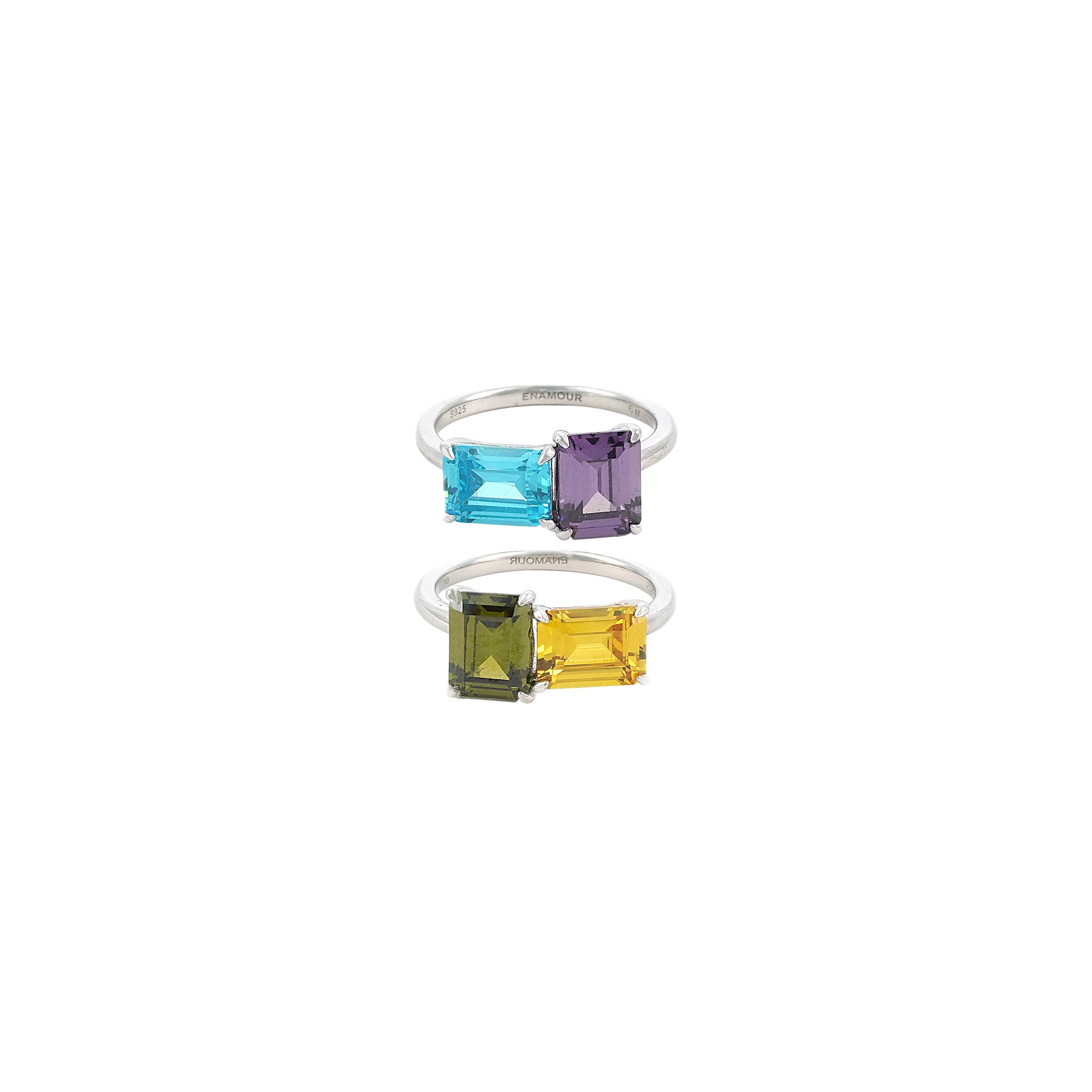 Color Field Emerald Cut Toi et Moi Stacking Ring Set